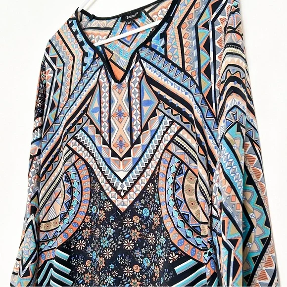 Tolani silk long sleeve blouse abstract print tunic navy blue Anthropologie - Picture 5 of 7